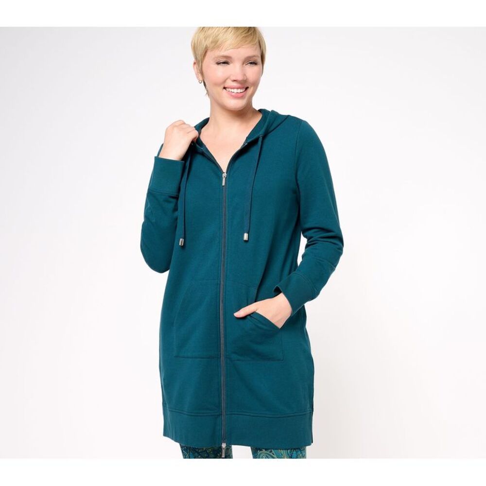 Denim & Co. Women's Plus Sz Jacket 2X Active French Terry Hooded Green